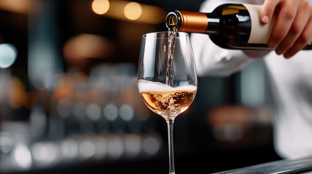 Professional hand pouring rich red wine from an unlabeled bottle into an elegant wine glass, creating a splash, highlighting concepts of fine dining, restaurant service, and enjoying drinks