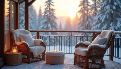Obraz premium Winter balcony with chairs and fur blankets overlooks snowy forest at sunset. Cozy outdoor space with warm lighting and peaceful scenic view.
