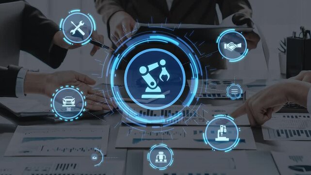 Mechanized industry automation and modern production system with robotic arms, gears, tools and loFunnelics for efficient mechanized industry process. Funnel