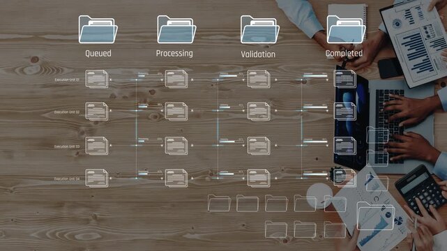 Engaging visual of a collaborative office setup with file management workflow highlighting stages of queued, processing, validation, and completed tasks for efficient project execution. Raster