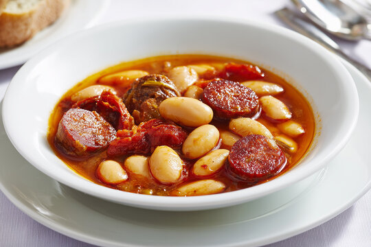 Fabada Asturiana bean stew with chorizo and morcilla in white bowl