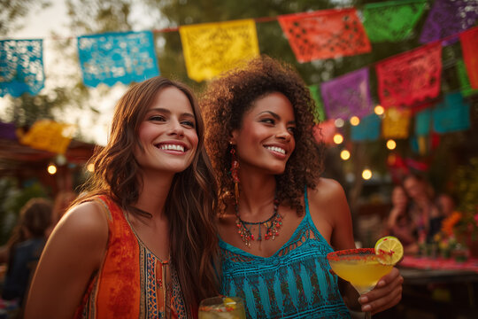 Two women celebrating Cinco de Mayo outdoors with colorful decorations