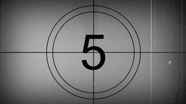 Vintage countdown timer number 8 black and white retro cinema opening sequence with grainy