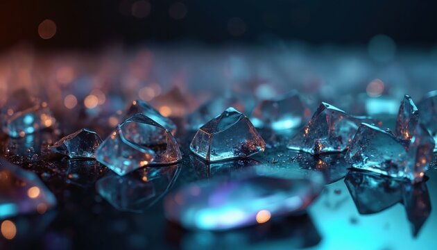 Sharp glass fragments scattered on dark wet surface. Colorful bokeh lights reflect on broken transparent shards. Moody atmosphere, abstract background with blue and orange glows.