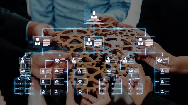 A visual representation of teamwork and strategy development featuring gears and organizational charts, exemplifying collaboration and innovative planning in a corporate setting. Raster