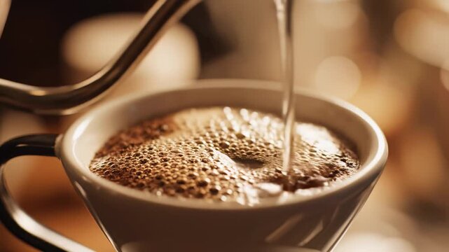 Hot water gracefully cascades over meticulously ground coffee, releasing captivating aromas in a vibrant, artistic atmosphere. The intricate details of brewing come to life.