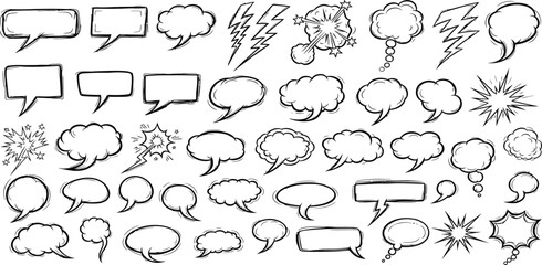 Fototapeta premium Collection of hand drawn speech bubbles and comic book elements in black and white