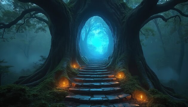 Stone stairs lead through giant tree trunk opening to bright blue magical portal. Glowing lanterns light forest path at dusk. Mystical entryway into another world.