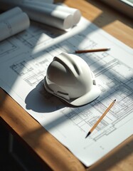 Obraz na płótnie Canvas White hard hat and blueprints on table. Pencils rest on architectural plans. Construction site planning and engineering project in progress. Safety gear and design documents.