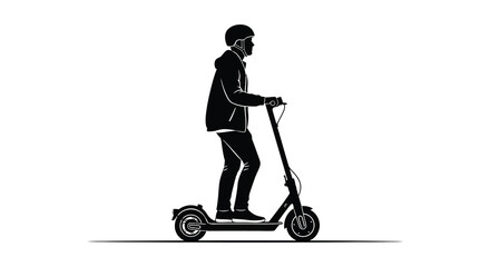 A man in a suit rides an electric scooter depicted in a striking black silhouette high quality professional detailed modern elegant © mrvect02