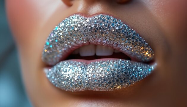 Woman lips covered in sparkling diamonds. Full mouth makeup with glitter, crystal rhinestones. Glamour beauty shot closeup, luxury texture, shiny fashion.