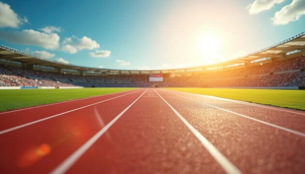 Athletics stadium track and field lanes under bright sun. Green grass field stadium seats with crowd, clear blue sky clouds. Sports venue race start finish.