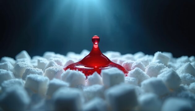 Red liquid drop lands on white sugar cubes. Macro shot shows intense contrast between sweet food ingredient and blood-like substance, representing health risks.