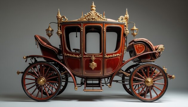 Elegant horse drawn carriage with ornate gold details. This vintage vehicle features plush seating and decorative lamps, perfect for historical reenactments or luxury transport themes.