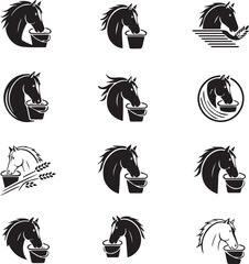Fototapeta premium Horse Head Logo Set with Feeding Bucket and Grain Elements