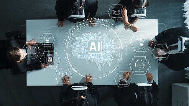 A diverse group of professionals engages in an innovative discussion about artificial intelligence through virtual reality. The modern workspace fosters collaboration and creativity. Raster