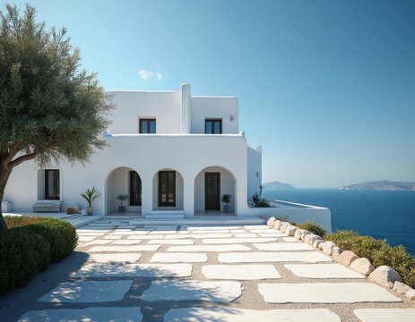 White Mediterranean villa with arches sits on coastal cliff overlooking calm blue sea. Sunny day, clear sky, lush greenery surrounds elegant home. Peaceful ocean view for luxury vacation or residence.