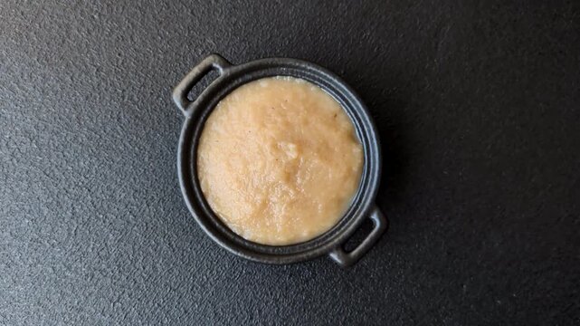 Apple sweet sauce, baby food, canned ingredient for desserts. Apple sauce as food background for your design