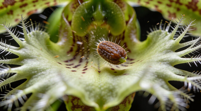 Macro Close-up of an Exotic Green Orchid with Sharp Spines and Textured Brown Center, Highlighting Intricate Botanical Structures and Natural Evolutionary Defense
