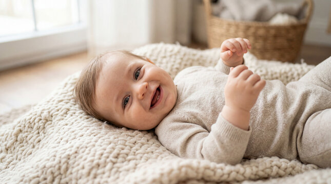 Joyful infant lying on a beige knitted blanket, looking at the camera with a big open-mouthed smile.
