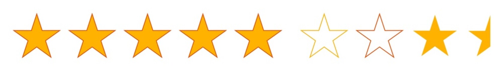 Obraz premium Yellow gold five point stars rating symbol clipart simple outline and half shape png set on transparent background for review icon design graphic illustration