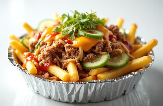 Golden fries topped with seasoned ground meat, melted cheese, fresh cucumber slices, savory sauces. Hearty meal presented in foil container, garnished with green herbs, offering delicious, satisfying