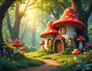 Fototapeta premium Fantasy cartoon mushroom house with glowing windows sits in lush green forest. Small red spotted mushrooms surround the whimsical dwelling. Sunlight filters through trees, creating magical atmosphere.