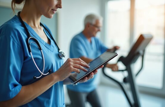 Nurse checks patient progress on tablet during exercise at rehab center. Senior man uses elliptical trainer for physiotherapy, regaining strength. Woman helps elderly.