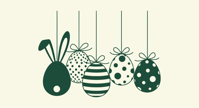 Five Green Hanging Easter Eggs with Bunny Ears and Various Patterns on Minimalist Cream Background