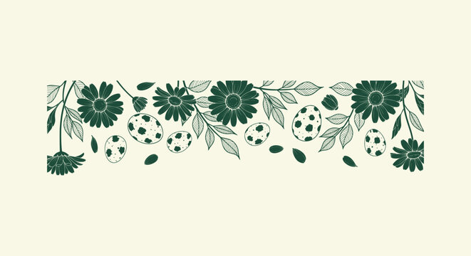 Green floral border with hand-drawn daisies and spotted eggs for Easter and spring nature design.