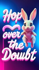 Fototapeta premium Inspirational neon sign with a cute bunny hopping over doubt.