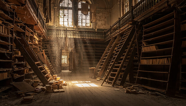 Derelict library hall with crumbling wooden shelves, dust particles in sunlight, and old books on floor.

