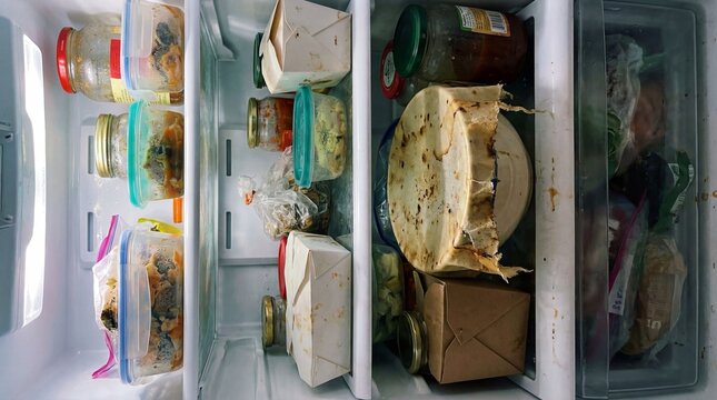 Assorted leftover food stored in containers inside domestic refrigerator