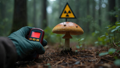 Fototapeta premium Gloved hand holds geiger counter near mushroom. Radiation symbol warns of danger in forest. Scientist tests environment for contamination. Nuclear hazard risk assessment.