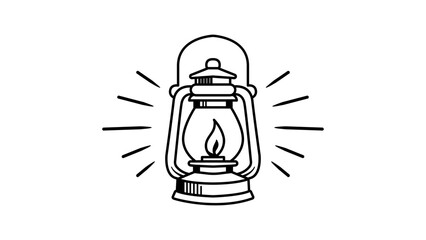Minimalist black line vector icon of an old-fashioned lantern with a glowing flame, hand-drawn outline illustration on a white background, perfect for camping, vintage, and lighting projects. © sampson
