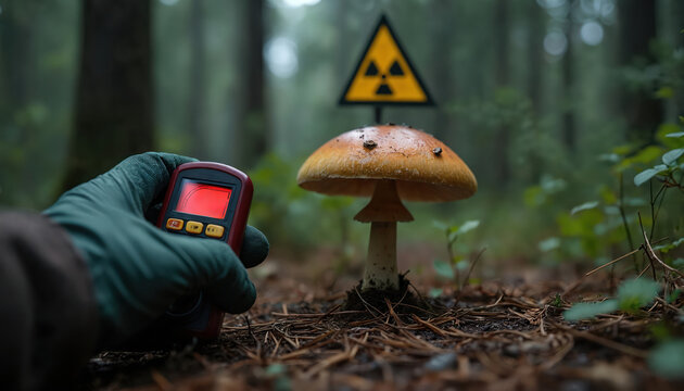 Gloved hand holds geiger counter near mushroom. Radiation symbol warns of danger in forest. Scientist tests environment for contamination. Nuclear hazard risk assessment.