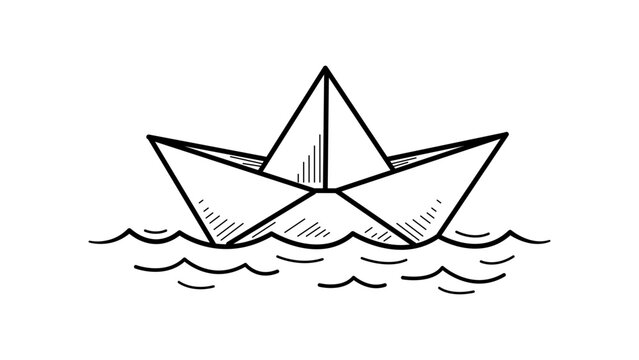 Minimalist black line vector icon of a hand-drawn paper boat floating on water waves, isolated on a white background. Scalable illustration perfect for web design, logo, or creative art projects.