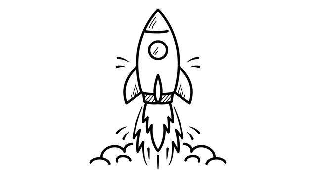 Rocket launch minimalist black line vector icon on a white background. Hand-drawn doodle illustration of a spaceship taking off with smoke and fire. Scalable SVG graphic for startup and business.