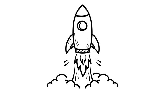 Minimalist black line vector icon of a rocket launching upwards with smoke clouds. Hand-drawn outline illustration on white background, representing startup, business growth, and space exploration.