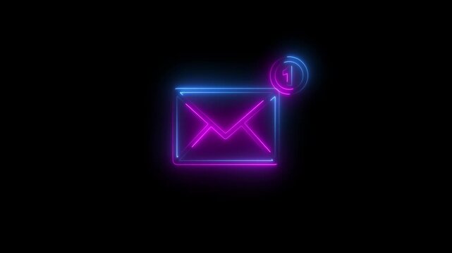 glowing neon mail envelope icon animation with one notification on black background