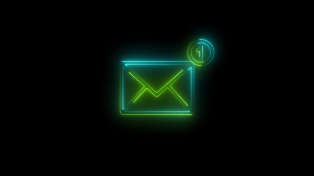 glowing neon mail envelope icon animation with one notification on black background
