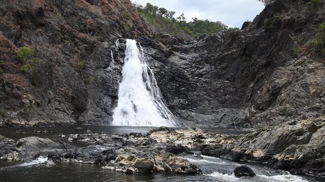 Beautiful Wujal Wujal Falls along the bloomfield road towards Cape tribulation through the Daintree Rainforest in tropical north queensland, a popular travel destination in Australia.