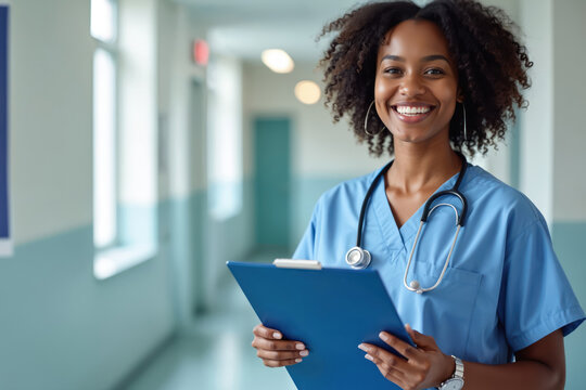 Smiling African American nurse in blue scrubs holds clipboard and stethoscope. Young black woman works in modern hospital clinic hallway. Healthcare professional poses with medical gear.