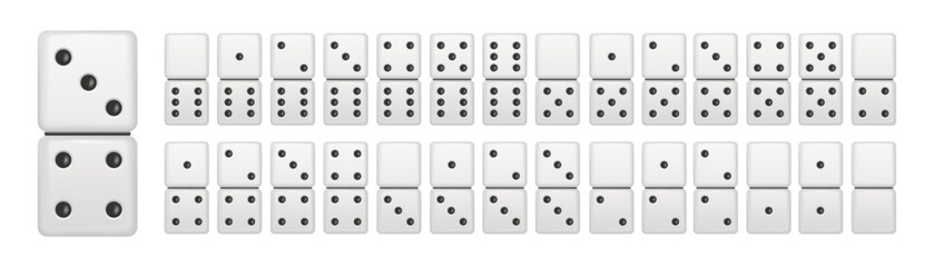 Set of domino tiles and dice pieces in different combinations. White game elements