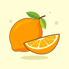 Illustration of fresh orange fruit with slice. Symbol of healthy nutrition, citrus freshness and natural vitamin food
