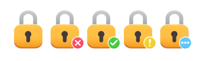 Padlock security icon set with status indicators for access, validation and protection. Privacy concept