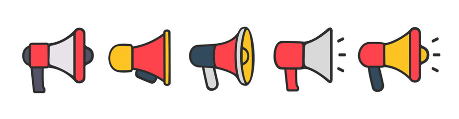 Colorful flat megaphone icon set for announcement, promotion and communication. Advertising notification