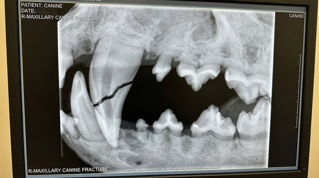 A canine X-ray reveals a fractured maxillary canine tooth, highlighting dental trauma and veterinary diagnostics.