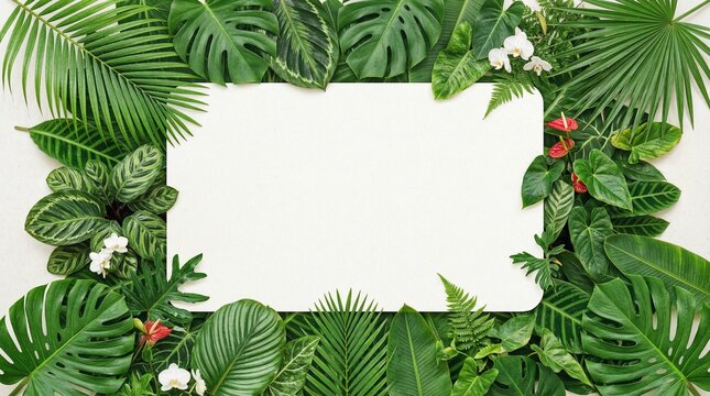 Tropical greenery frame with exotic leaves flowers and plants on white background for design and decoration