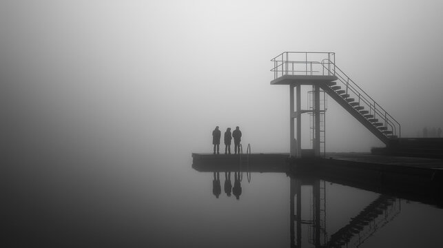 silhouettes on foggy pier with diving platform 